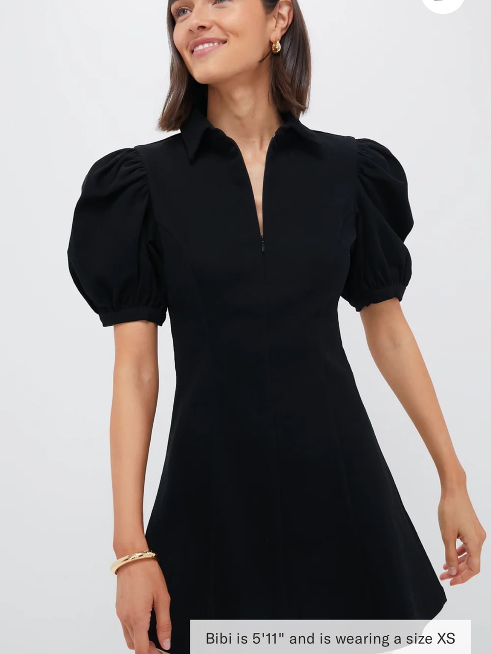 Black Puff-Sleeve Mini Dress with Collared Neck